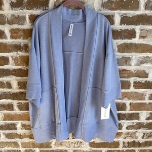 ATHLETA Lotus Wrap L/XL Heather Blue Short Sleeve Open Front Comfy Cardigan NWT